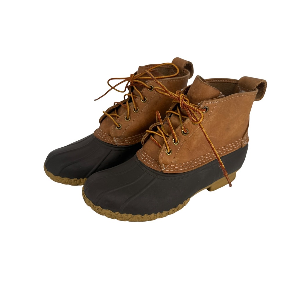 LL Bean Boots 6" Duck Boots Women 7 Brown Tan Leather Rubber Maine Waterproof